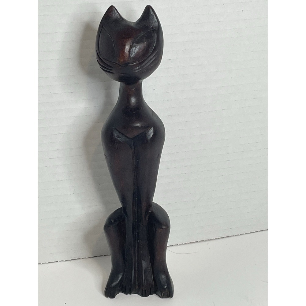 Vintage Hand Carved Wood Siamese Cat Folk Art  Mid-Century 9" Philippines